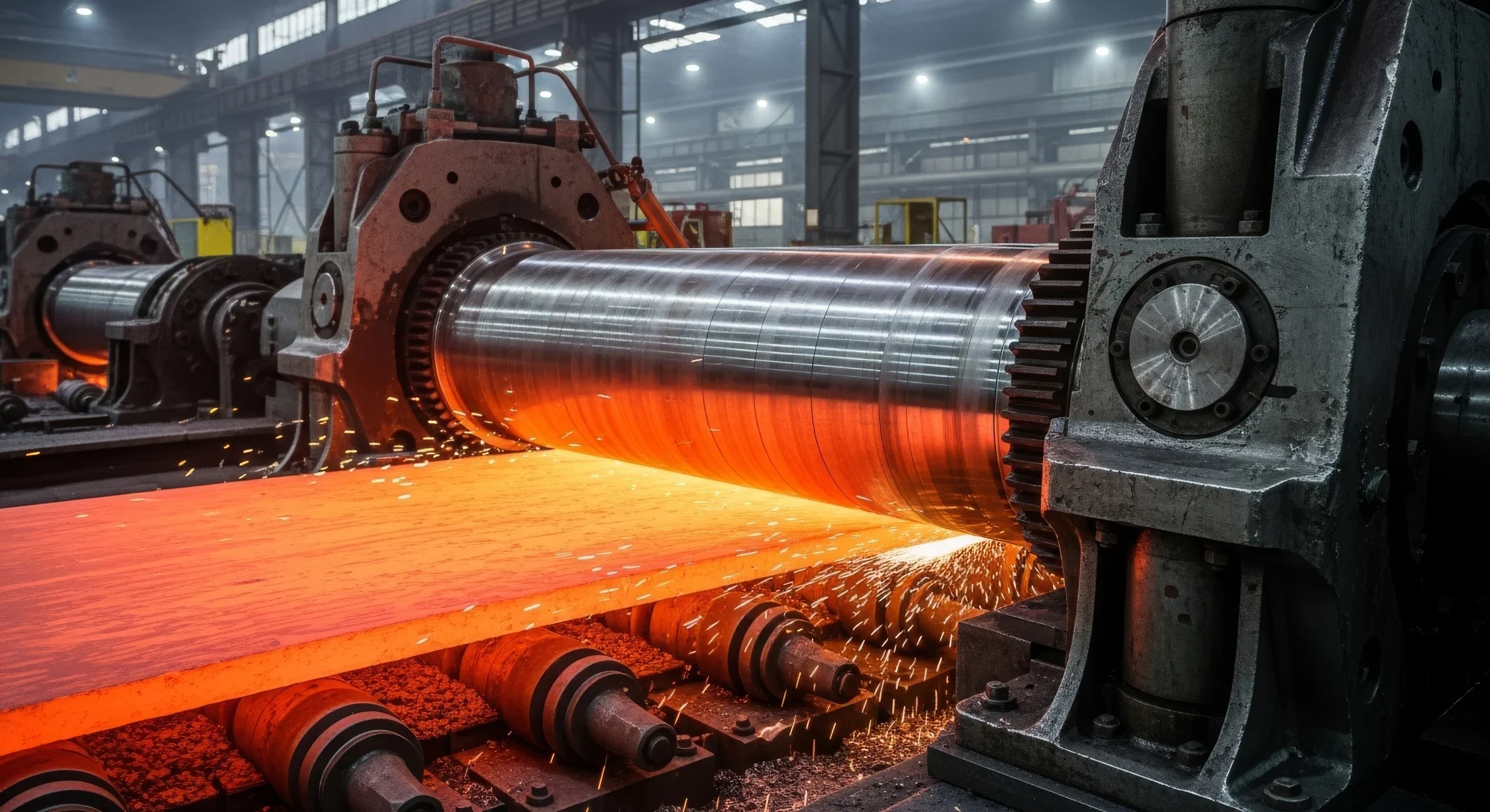 Hot steel plate moving along conveyor in a steel manufacturing rolling mill